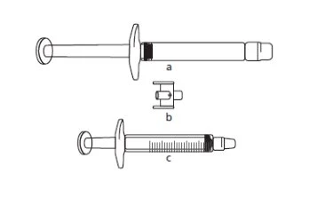 Disegno tecnico di una siringa con etichette a, b e c che indicano i componenti del dispositivo medico per l
