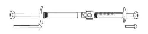 Disegno tecnico di una siringa con due frecce che indicano il movimento di estrazione dello stantuffo verso l