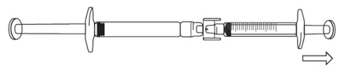 Disegno tecnico di una siringa orizzontale con una freccia che indica il movimento verso destra per l