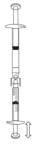Disegno tecnico in bianco e nero di una siringa con stantuffo e una doppia freccia verticale che indica il movimento di estrazione o inserimento