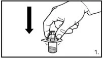 A hand presses downward on a plastic cap onto a cylindrical container, indicated by a black arrow pointing downward