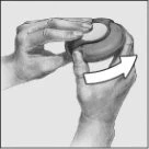 Two hands holding a knee with a curved white arrow indicating a rotational movement