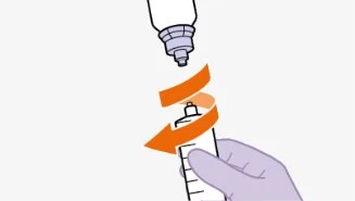 Illustrazione di una mano che ruota un flacone bianco verso destra indicato da due frecce arancioni curve sotto un dispositivo medico