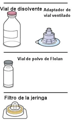Illustrazione medica con flacone solvente, adattatore aerato, flacone di polvere di Flolan e filtro per siringa su sfondo bianco