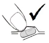 Schematic drawing showing a hand holding a medicinal capsule ready to be swallowed with a black checkmark next to it