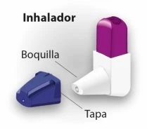 Medical inhaler with white body, purple top, white mouthpiece labeled as Mouthpiece and blue cap labeled as Cap