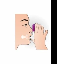 Illustration of a human profile using a purple pen-shaped medical device near the mouth for