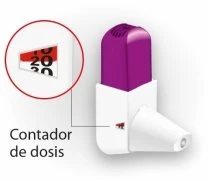 White medical device with purple top and a circular magnified view showing a dose counter with black numbers on a white and red background