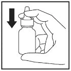 Una mano tiene un flacone con contagocce e una freccia nera rivolta verso il basso indica il movimento di pressione per l'erogazione