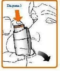 Diagram showing a hand holding a medical device near the face with an orange arrow pointing downward and a black arrow pointing toward the