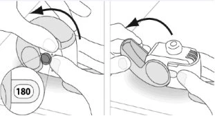 Two illustrations show hands rotating a medical device by 180 degrees with black arrows indicating the direction of rotational movement