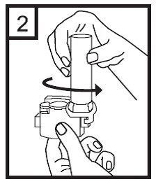Two hands rotate a cylindrical container clockwise above a medical device, with a black curved arrow indicating the movement
