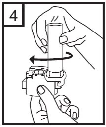 Two hands rotate a white cylindrical container onto a plastic base to secure it, with a curved arrow indicating the movement