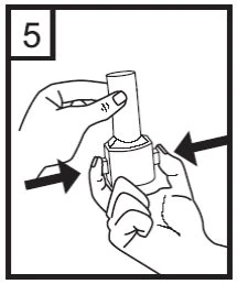 Two hands firmly pressing the side walls of a cylindrical medical device toward the center, indicated by two black arrows