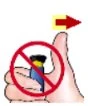 Un dispositivo medico cilindrico con tappo giallo coperto da un simbolo di divieto rosso con una freccia che punta verso destra