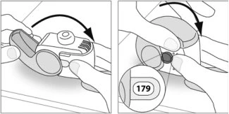 Two illustrations show hands rotating and pressing a white medical device for