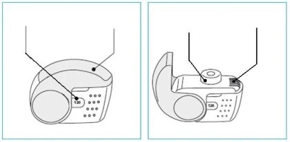 Two technical diagrams showing a white medical device with buttons and numerical indicators viewed from different angles