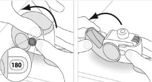 Two illustrations show hands rotating a medical device by 180 degrees following a black curved arrow to open or close it
