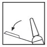 Technical drawing showing a curved arrow indicating the downward tilting motion of a cylindrical medical device