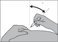 Technical drawing showing a hand holding a syringe tilted relative to a dashed vertical line above a part of the body