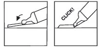 Due diagrammi mostrano una mano che preme un dispositivo medico su una superficie con una freccia curva e la scritta CLICK