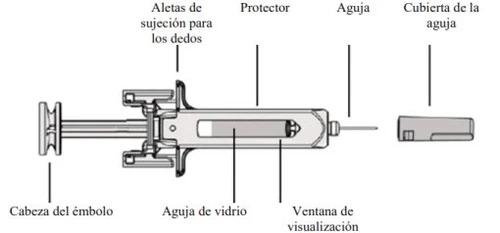 Diagramma tecnico di una siringa con etichette che indicano la testa dell'