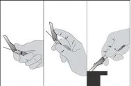 Три схемы показывают этапы захвата и использования медицинского устройства одной рукой для