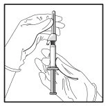 Two gloved hands holding a syringe in an upright position to prepare or administer the liquid medication contained in the barrel