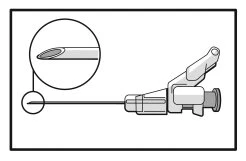 Technical drawing of a syringe with a thin needle and an enlarged detail of the sharp tip