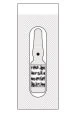 Black and white technical drawing of a medicinal vial with text label inserted in a rectangular blister pack with central opening