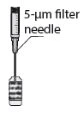 Technical diagram of a 5-micron filter needle connected to a cylindrical container with horizontal grooves