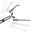Diagram showing various mounting options of needles with different lengths and angles onto a central syringe body