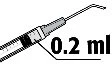 Technical drawing of a syringe with needle and indication of 0.2 ml dose marked by a black reference line