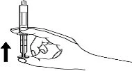 One hand holding a syringe with a black arrow pointing downward
