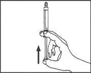 One hand holding a syringe vertically with an arrow pointing downward