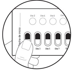 Illustration of a hand holding a blister pack with capsules arranged by days, labeled in Spanish with days 2, 3, 4, 5, 6, and 7