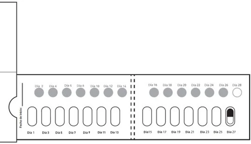 Diagram of a medical calendar with grey and white circles above numbered oval cells indicating days 1 to 28
