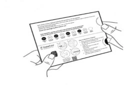 Technical drawing showing two hands unfolding a folded leaflet with instructions and small circular schematic diagrams