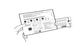 Technical drawing of two hands holding and opening a rectangular medication package with text and circular informational icons