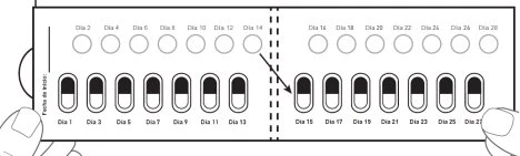 Therapy calendar diagram with two rows of capsules numbered from day 1 to 28 and circles to mark completed days, with an arrow between day 14 and 15