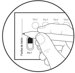 Black and white drawing of a hand using a pencil to mark the start date on a medical calendar with days numbered from 1 to 8