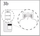 Technical diagram showing a medication vial with a circular magnification of the stopper and upper closure mechanism