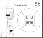 Technical drawing showing two hands firmly pressing together two coupled drug vials, with a magnified detail of the central junction