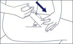 Disegno lineare di una mano che impugna una siringa per iniettare un farmaco nella coscia