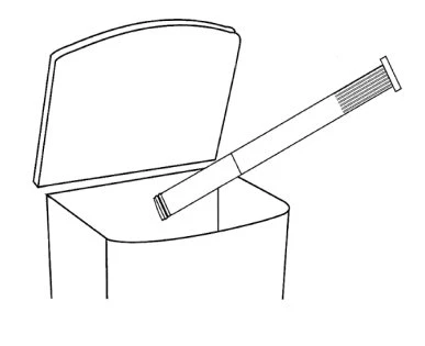 Disegno lineare di una penna iniettore inclinata che esce da una confezione di cartone aperta con il coperchio sollevato