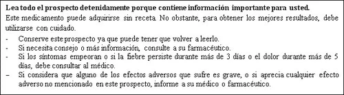 Testo in spagnolo su sfondo bianco che avvisa di leggere attentamente il foglietto illustrativo e fornisce indicazioni su sintomi e consulto medico