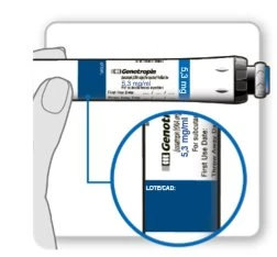 A hand holding a Genotropin 5.3 mg/ml injection pen with a circular magnification showing the detail of the batch and expiration date section