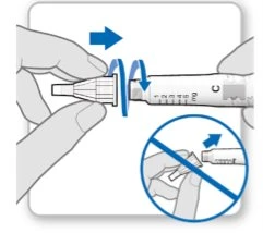 Two hands rotating the top part of an injection pen to the right with blue arrows and a prohibited symbol indicating not to do so