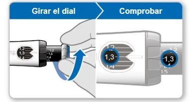 Two illustrations showing a hand rotating the dial of a medical device to set the dosage to 1.3 units and verify it