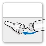 Technical illustration showing the rotational movement of a vial to separate the cap from the container body using a blue arrow